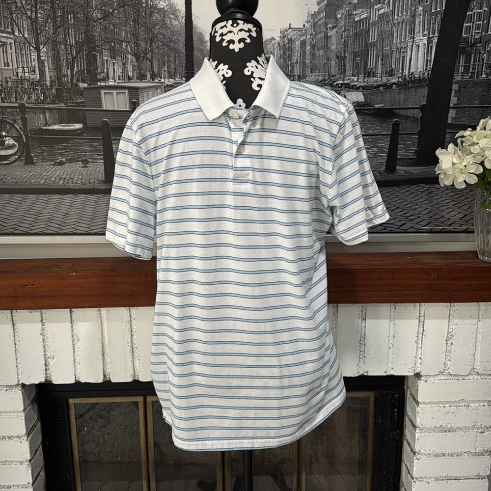 St. John’s Bay Men’s Polo Shirt Short Sleeve Striped Blue White Large
